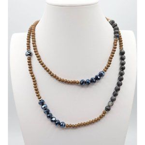 Long Artisan Brass Stone Glass Faceted Beaded Necklace 42" Boho Brutalist